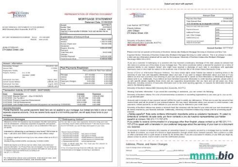 USA University of Southern Indiana wyciąg z kredytu hipotecznego w formatach Word i PDF, 3 strony 1-2